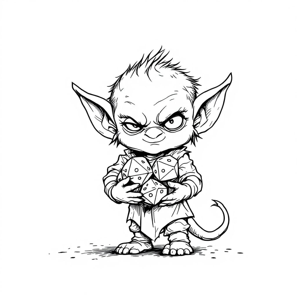 AI generated: A minimalist line drawing of a cute little goblin holding a lot of polyhedral dice. Black lines on p...