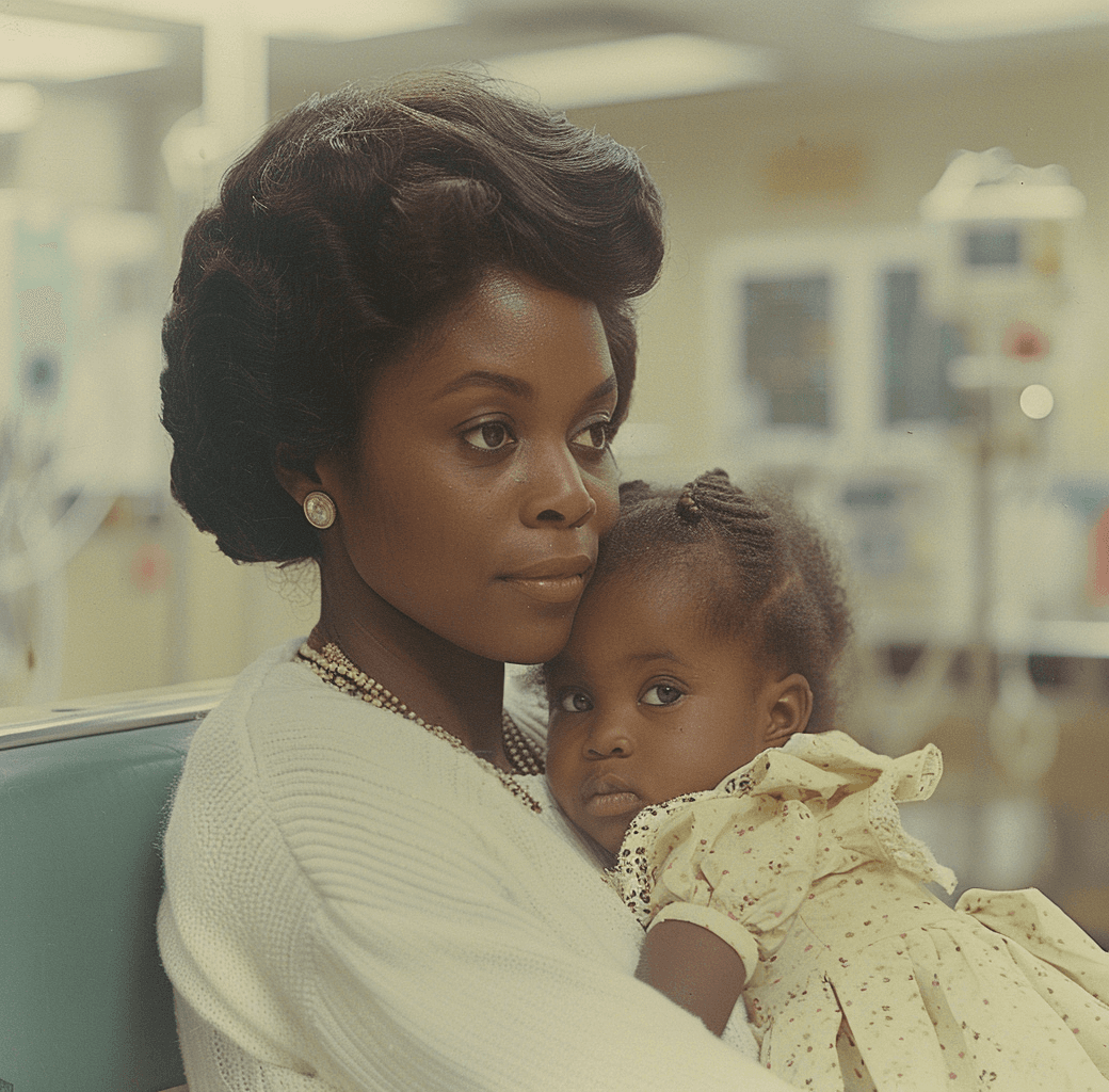 AI generated: vintage photo of a black woman with short hair and a white sweater sitting in a hospital holding her...