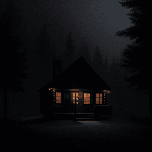 AI generated: Hyper realistic exterior photo of a two level cabin, night, totally dark background, some trees arou...