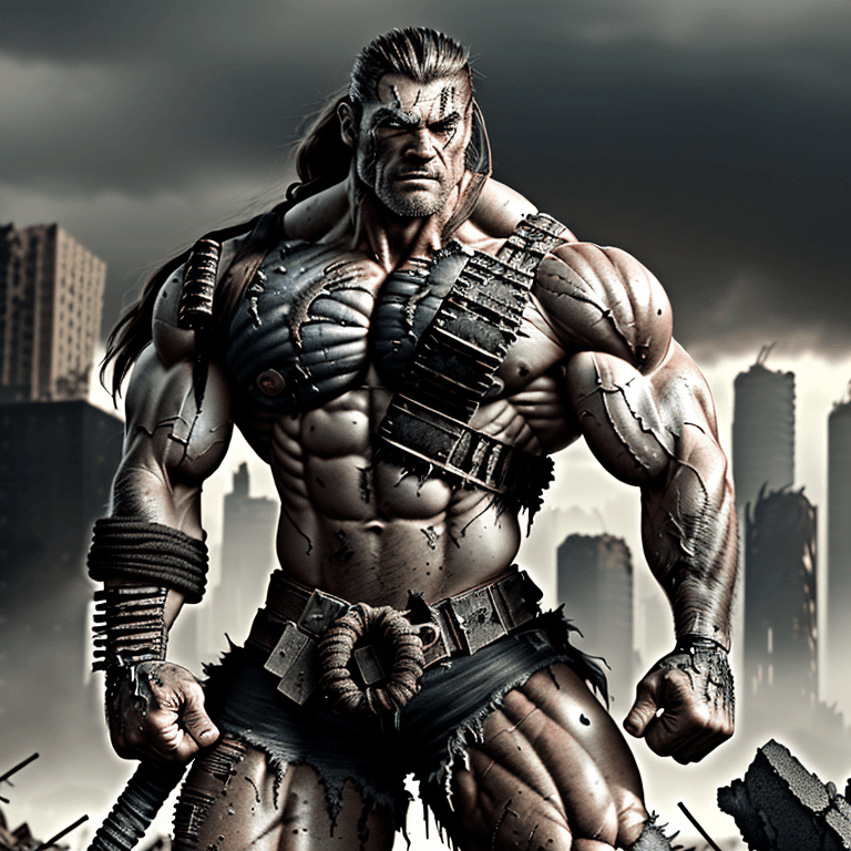 AI generated: Imagine a post-apocalyptic world, ravaged by destruction and chaos, a muscular cyberpunk warrior, em...