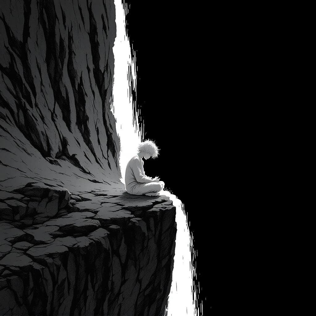 AI generated: A stark, high-contrast illustration featuring a silhouetted figure perched on a cliff edge. The figu...