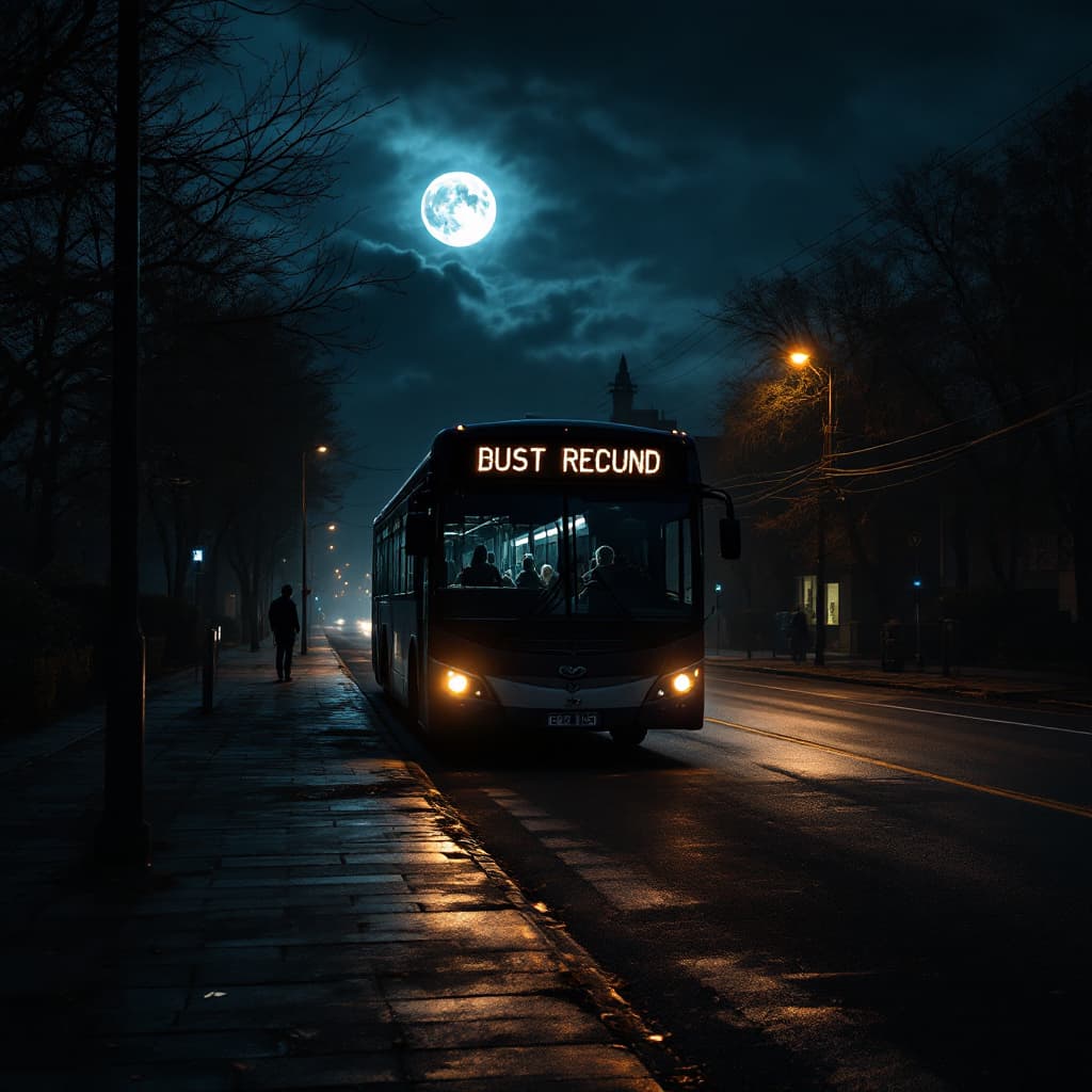 AI generated: mid shot view of a dark bus in the middle of the night, , moonlight, eerie setting,perspective, wait...