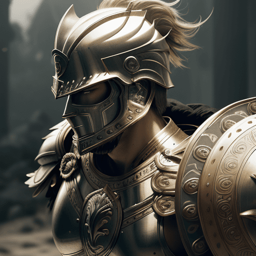 AI generated: Male spartan warrior in a battle ground, facing camera, finely detailed helm, armor, spear and shiel...