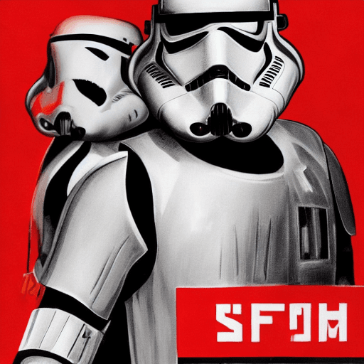 AI generated: A Stormtrooper featured in a Soviet Union propaganda recruitment poster| Bold colors and striking de...