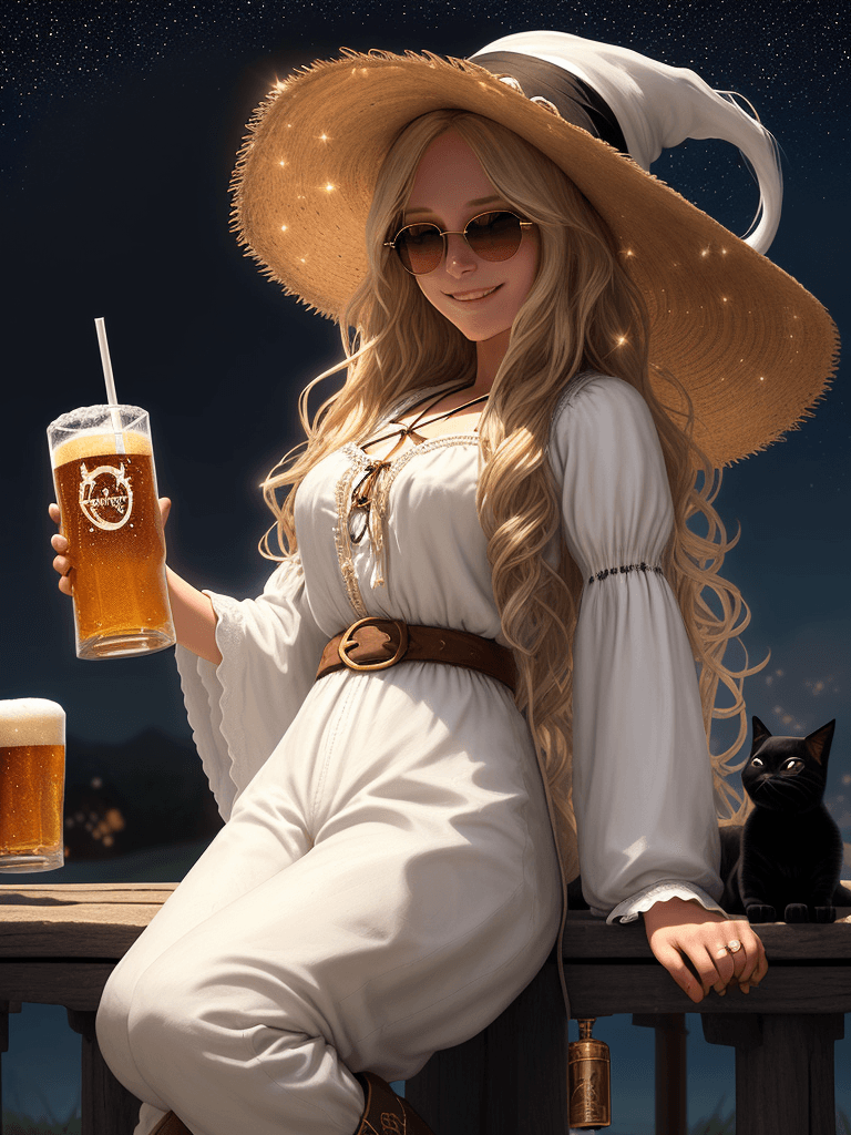 AI generated: full character visible, night sky background, 1 surfer girl, mystical, beautiful girl, (long wavy Bl...