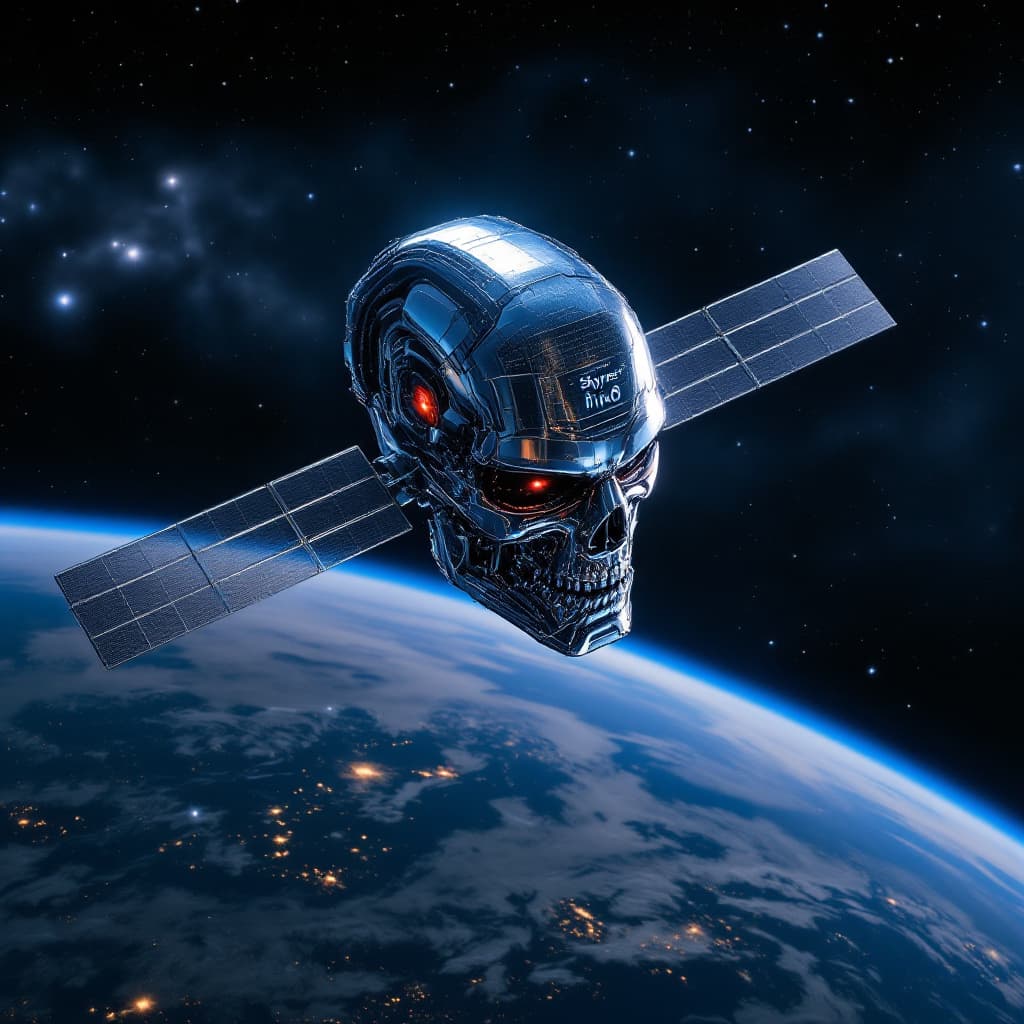 AI generated: a satellite in orbit that is similar to a t-800 terminator's head morphing into a spacecraft , looki...