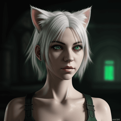 AI generated: semi-realism, female, pale, green eyes, white hair, cat ears, hd quality, dark lighting, pseudo-real...