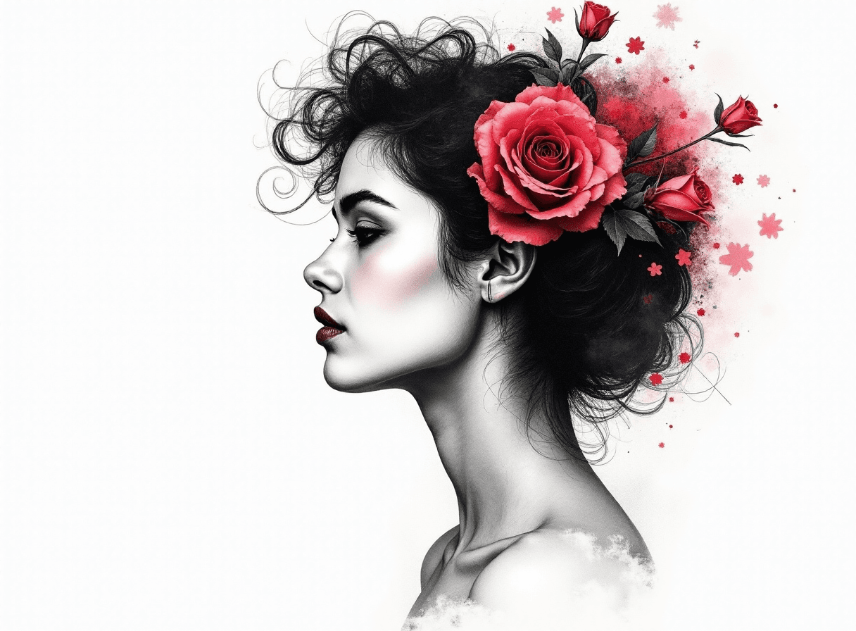 AI generated: art monochrome and colorful sketched beautiful girl face in profile in mixed media style with floral...
