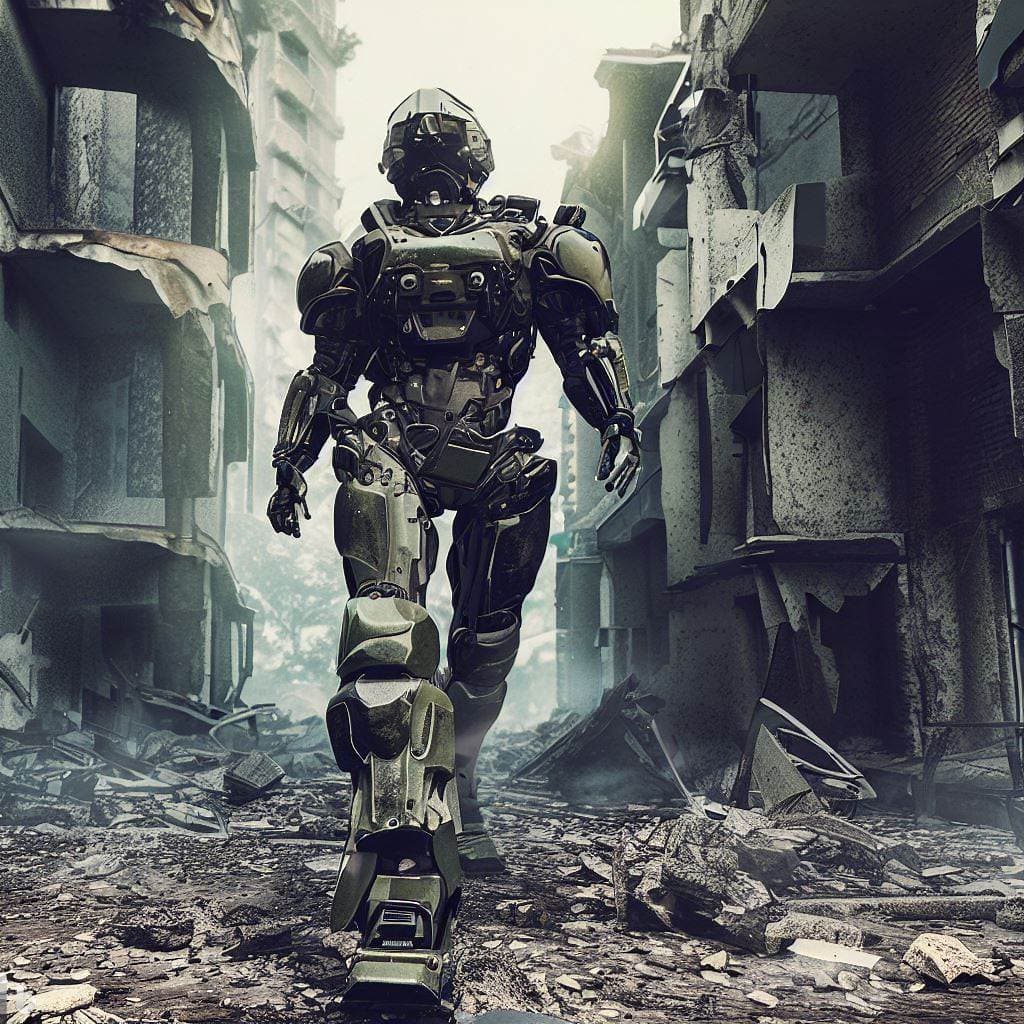 AI generated: full body photo of a Soldier of the future in advanced armour walking destroyed City,textured skin,f...