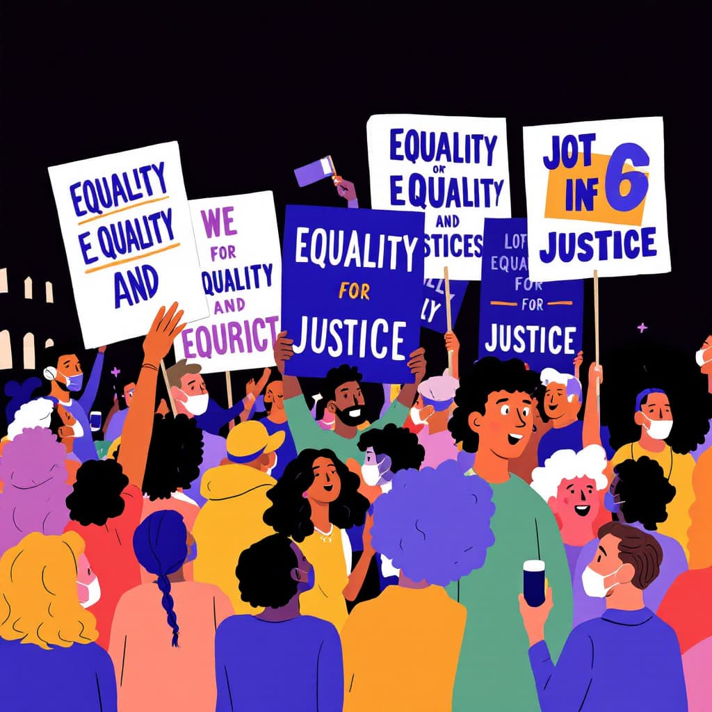 AI generated: 20240728153957list 2 Lofi illustration of a community rally with people holding 6 big posters advoca...