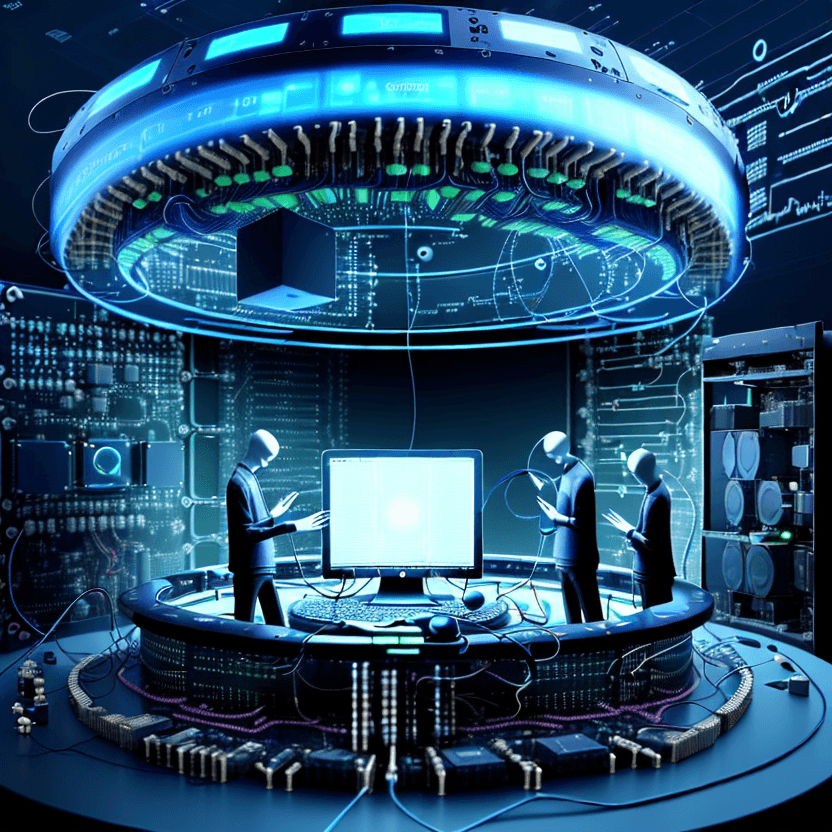 AI generated: Computer scientists in circle, performing what seems to be a deep ritual in order to run a quantum c...