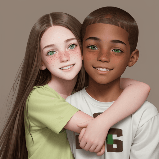 AI generated: Photo of a whiteskin girl with straight brown long hair, green eyes and no freckles with braces hugg...