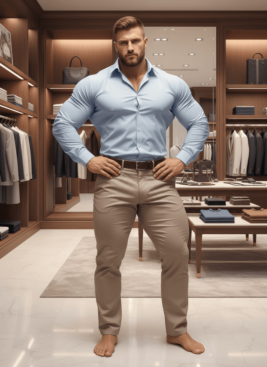AI generated: At a very luxurious clothing store. His pants are beige, he has a dress baby blue shirt long sleeve....