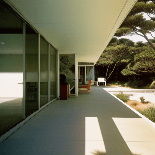 AI generated: Hyper realistic eye level exterior photo of a mid century modern style house overlooking the ocean, ...