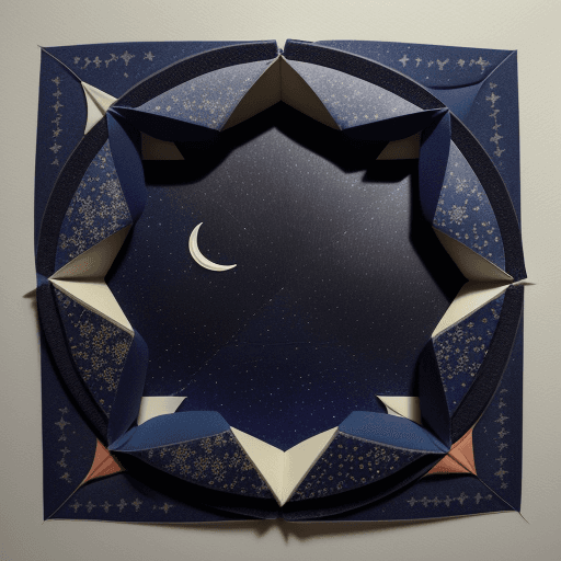 AI generated: 3D crescent as Origami, paper quilting, background tiny stars painted on night sky in the style of U...
