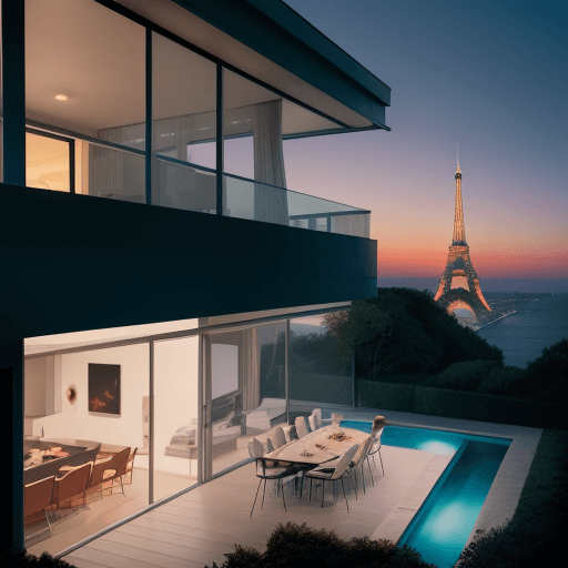 AI generated: Hyper realistic eye level exterior photo of a mid century-modern style house overlooking the ocean w...