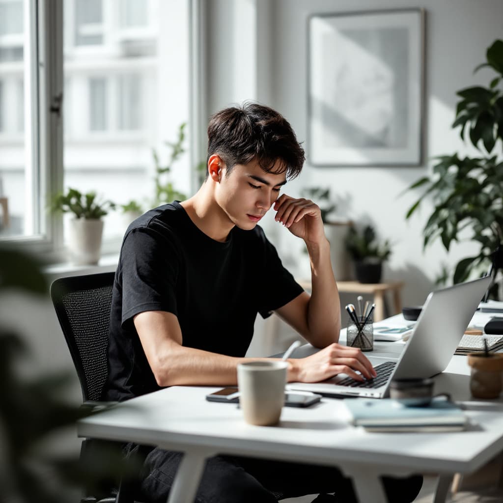 AI generated: modern, minimalist workspace, focused designer korea hansome young man at a white desk, surrounded b...