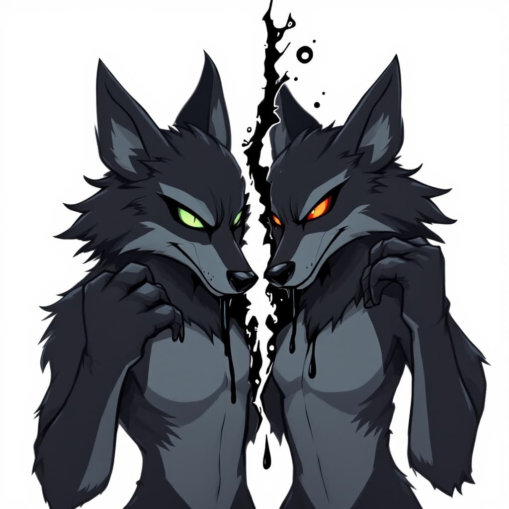 AI generated: Two Black Wolf almost toony full body fursonas with dark gray, closer to black, highlights. It also ...