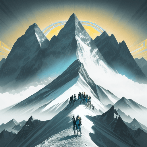 AI generated: Illustration of Mountain climbers ascending a challenging peak. One-point perspective, Abstract back...