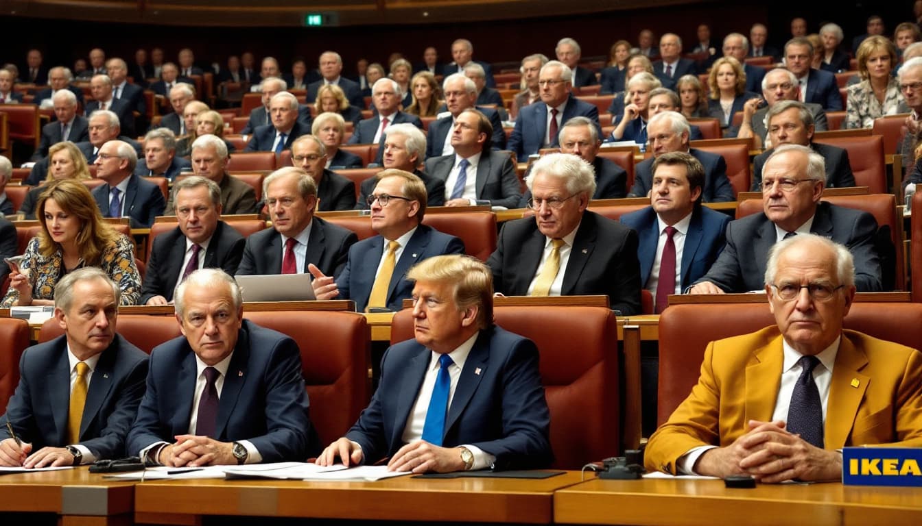 AI generated: Ângulo Holandês: Câmara dos congressistas onde os políticos têm cabeças de pelúcia de dragões da IKE...