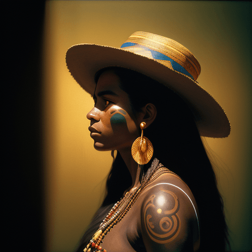 AI generated: hyperrealistic photography, portrait of Colombian indigenous woman, no hat, long black hair, gold ta...