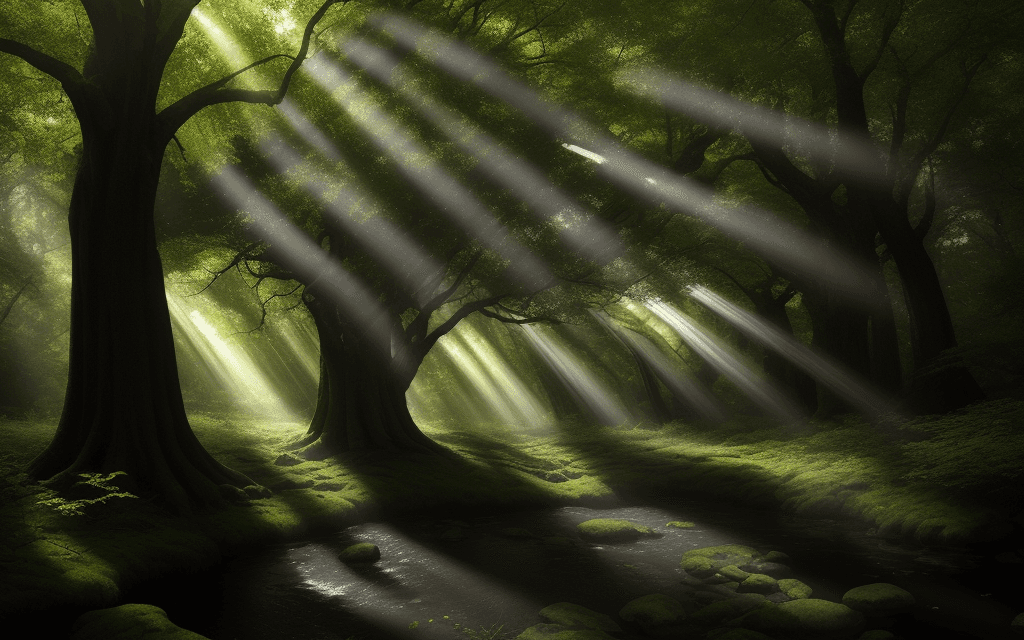 AI generated: An old forest with big trees. Light rays from the sun are shining through the leaves. In the center ...