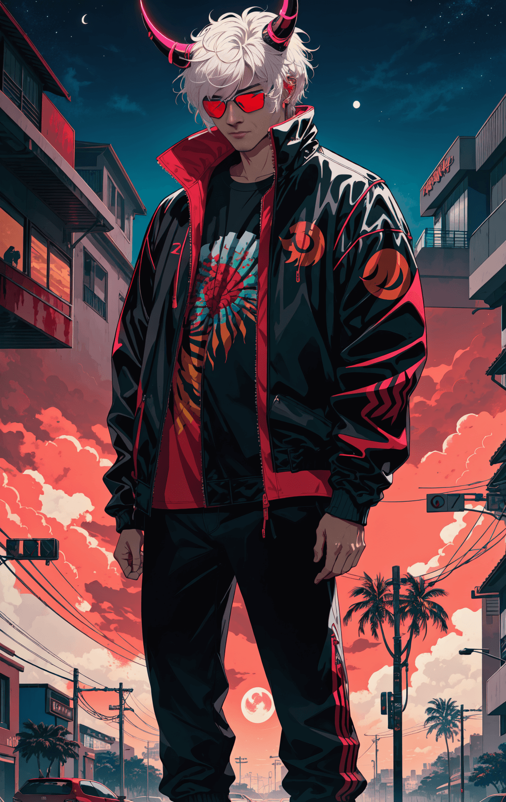 AI generated: concept art concept art using vaporwave aesthetics, 35 year old asian man, standing under a blood mo...