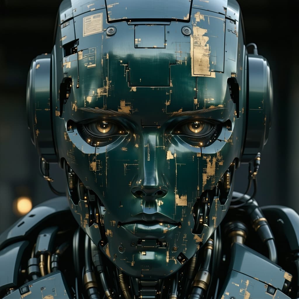 AI generated: A highly detailed robotic head, featuring a semi-matte, scratched, and weathered metallic surface, r...