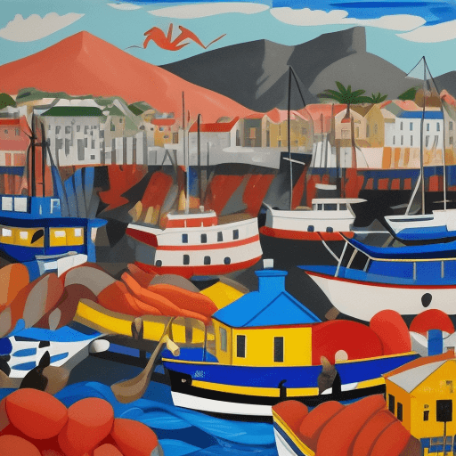 AI generated: (Painting of cape-town fish market at a lively fish harbour) Infuse the vibrant scenes of Romare Bea...
