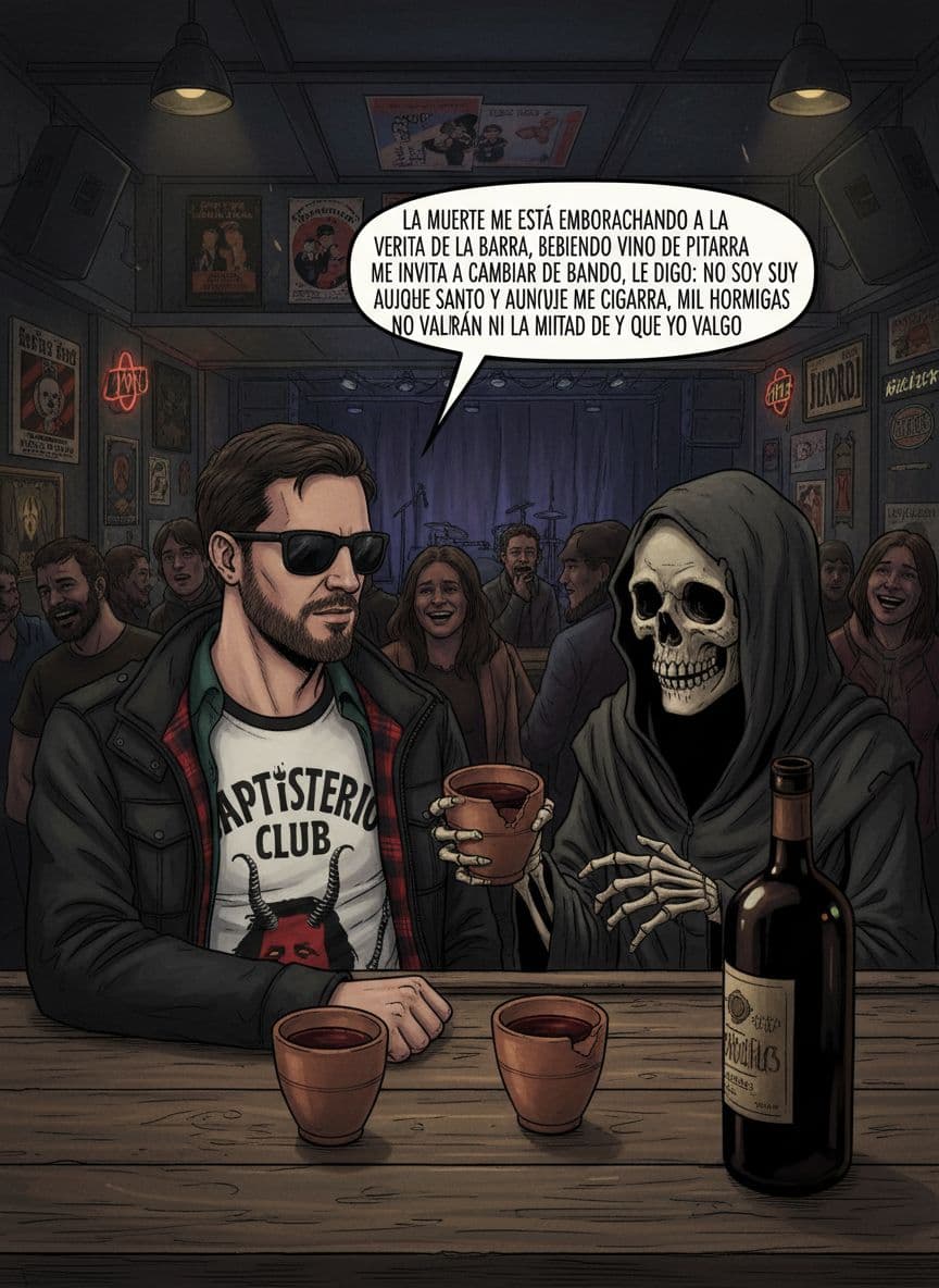 AI generated: Quiero que me des la imagen del tipo de referencia bebiendo con la muerte en un bar de rock and roll...