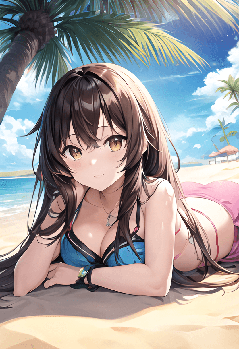 AI generated: A cute anime girl at the beach, colorful beach outfit, lying on a beach towel, riptide, ocean, sand,...