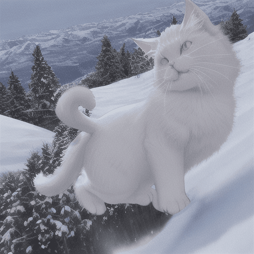 AI generated: fluffy cat on a mountain top with snow jumping on camera lens