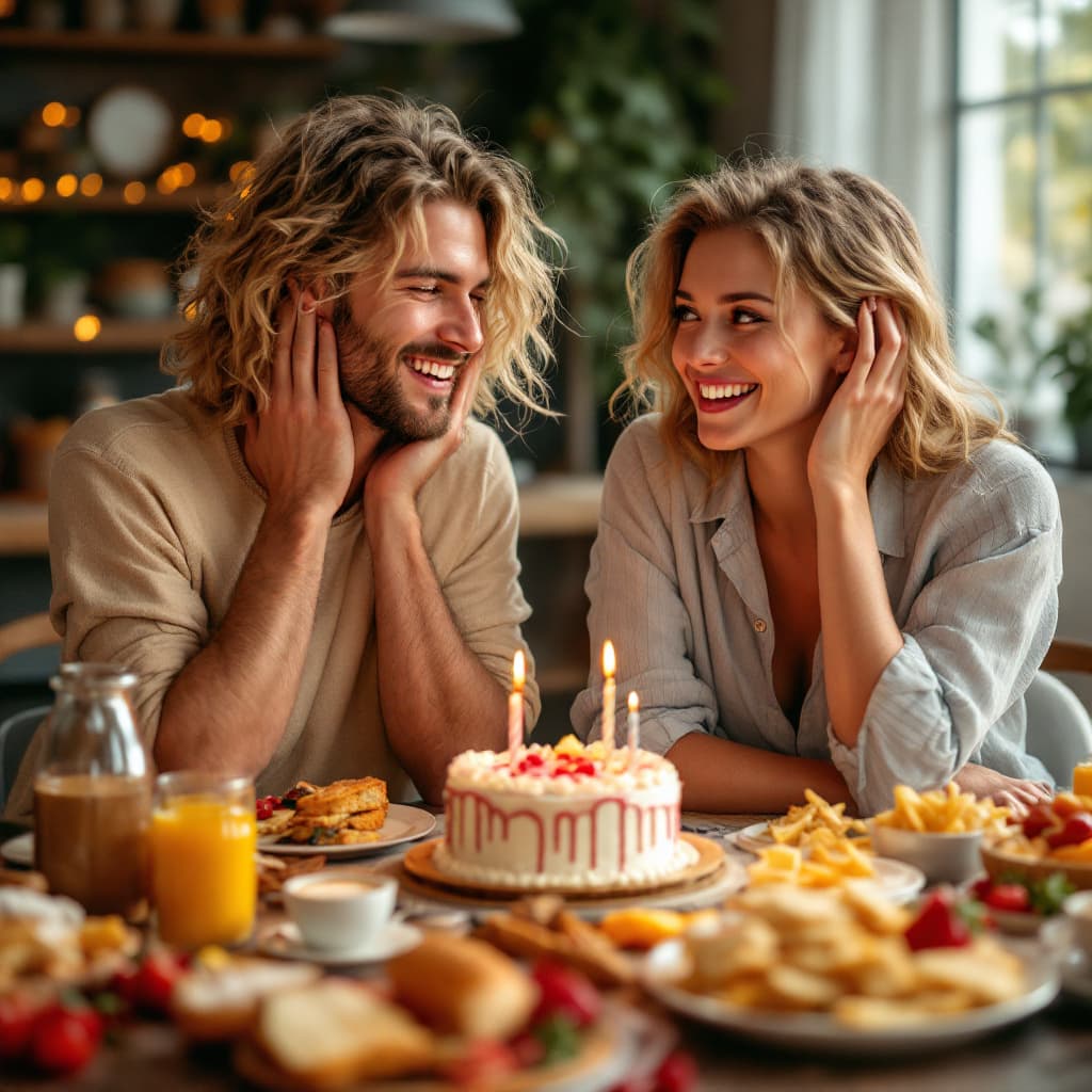 AI generated: two friends, both blond and german, celebrating birthday over a massive breakfast with lots of food ...