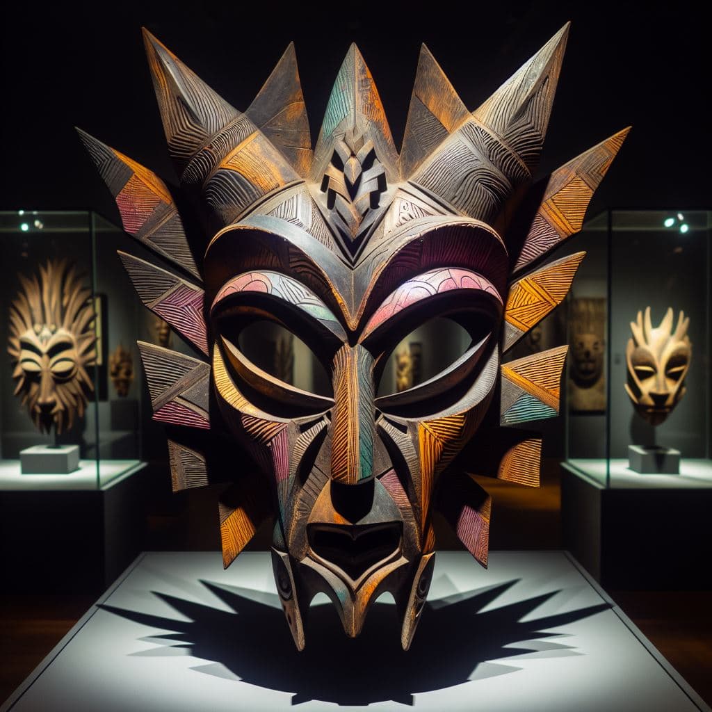 AI generated: A mask of african shamanism, Dogon style, highly abstract, elongated geometric forms, simplistic, ha...