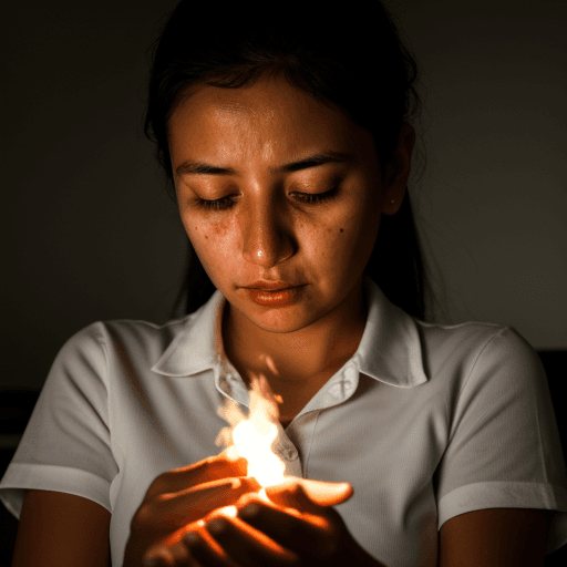AI generated: Colombian father in white shirt warms his daughter by burning moneys. Realistic, Dramatic light , Cl...