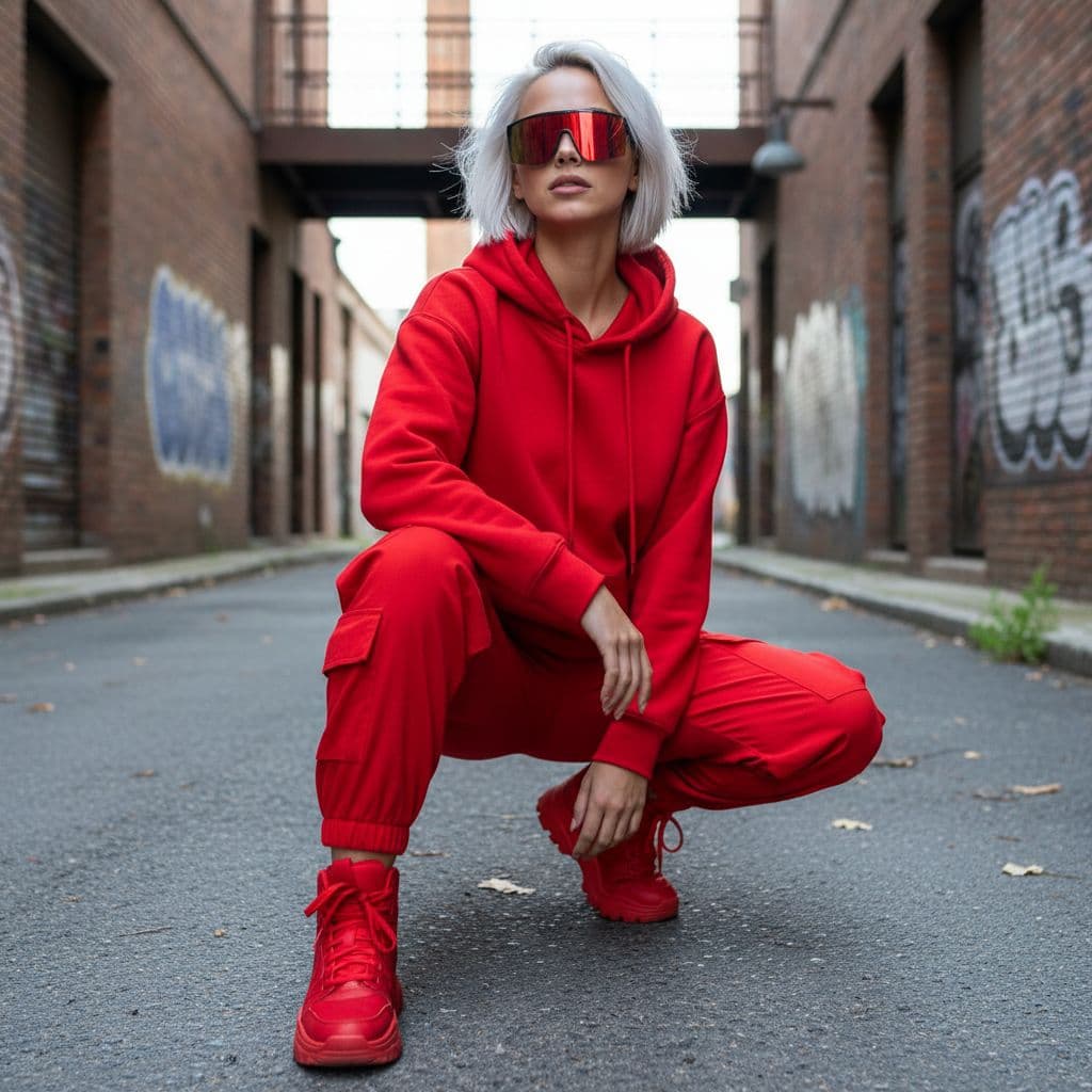 AI generated: hot female model with red urban clothes and red sunglasses, hneeling sqating, pose. looking to side ...