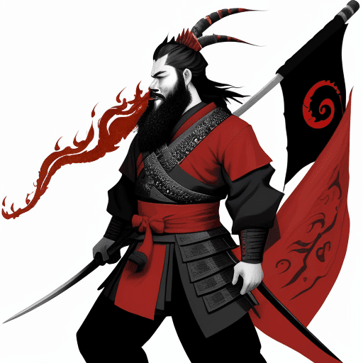 AI generated: Dragon with samurai beards, breathing fire, and holding the red,black&dark red flag.--ar 116:117 --s...