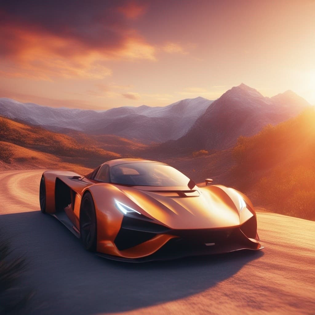 AI generated: concept art of super cars racing towards the sun on mountain terrain, outdoor sunset lighting, vivid...