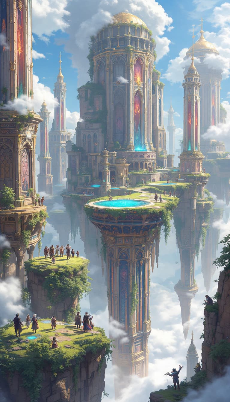 AI generated: A high-fantasy art style depicts the magical geography of floating islands, magical artifacts, and a...