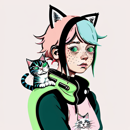 AI generated: An illustration of a quirky girl with pink hair, in the style of Flat shading, Gemma Correll, with f...