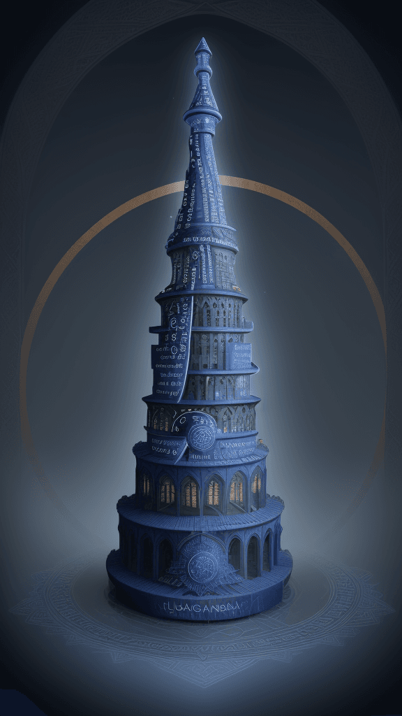 AI generated: Create an enchanting depiction of The Tower of Language in indigo blue. Let letters from multiple la...
