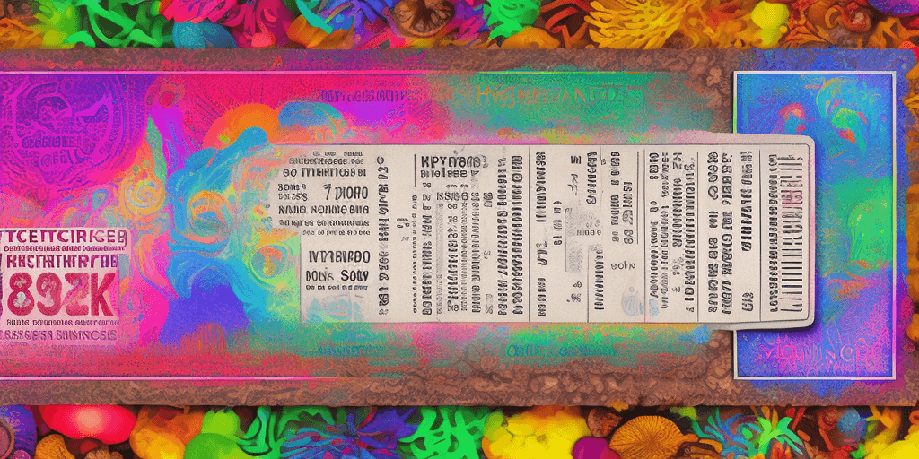 AI generated:  Hyper realistic printed ticket pdf, with name Miguel, with mushrooms, happiness, colorful; 8k, intr...