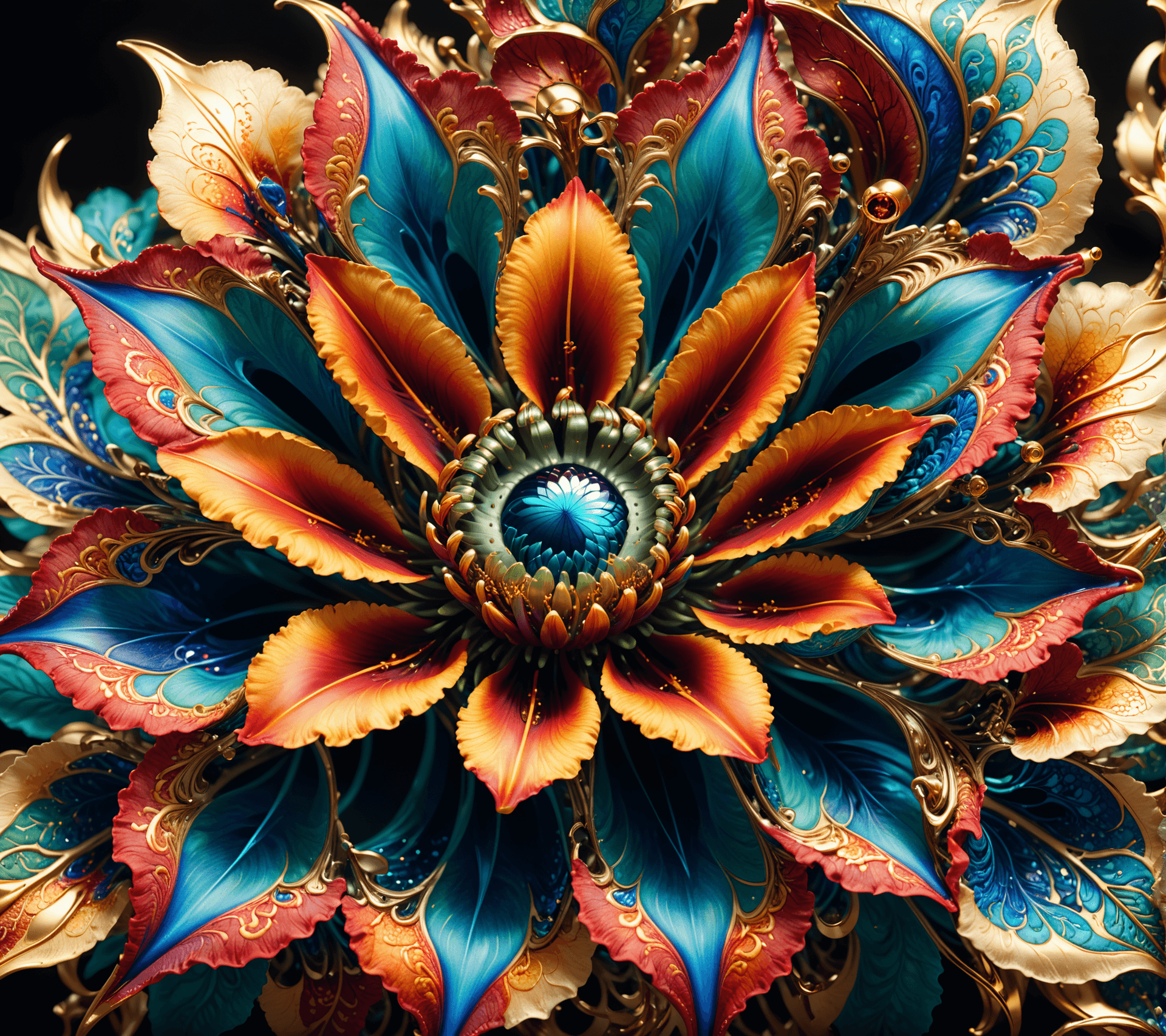 AI generated: arabesque layered exotic flower blossom, highly detailed batik illustration of a microscopic surface...