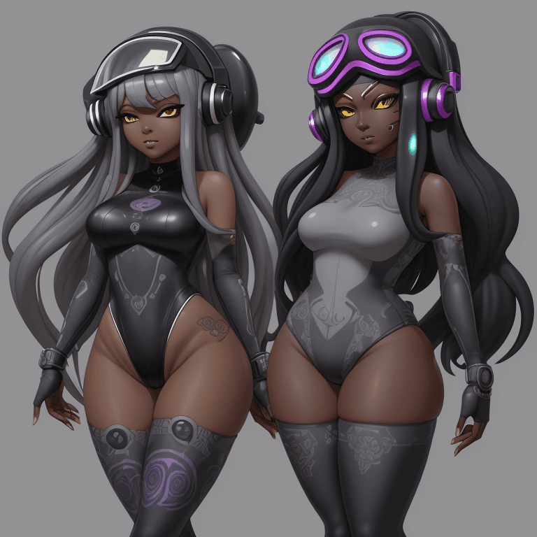 AI generated: inkling adult goddesses, long hair, dark skin, leotard, thick thighs, speakers on helmet headset, sm...