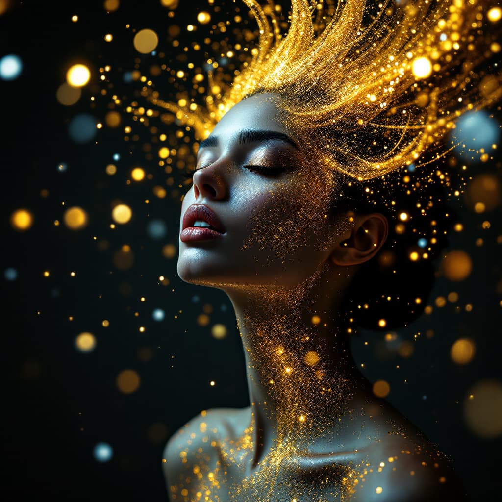 AI generated: fashion editorial, a beautiful mystic woman is studio lights with abstract hair in gold glitter pain...