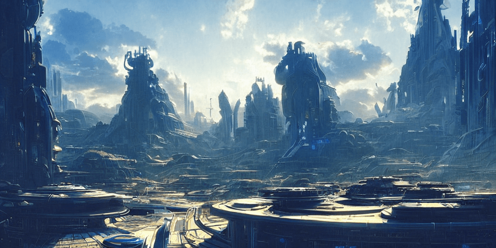 AI generated: futuristic sci-fi high-tech city of Atlantis hill valley in late afternoon light, wispy clouds in a ...