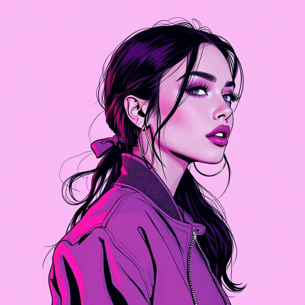 AI generated: Create a stylized, comic-style digital illustration of a pop singer wearing a bomber jacket and a ho...