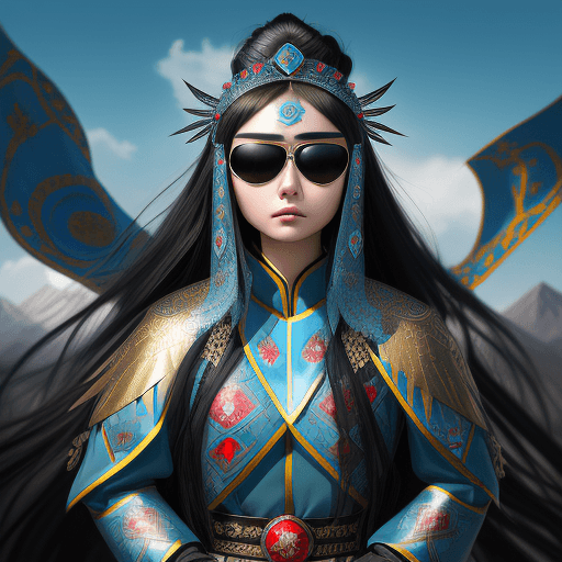 AI generated: kazakh beauty girl. black long hair. traditional clothes. line eyes. Turkish style. sunglasses refle...