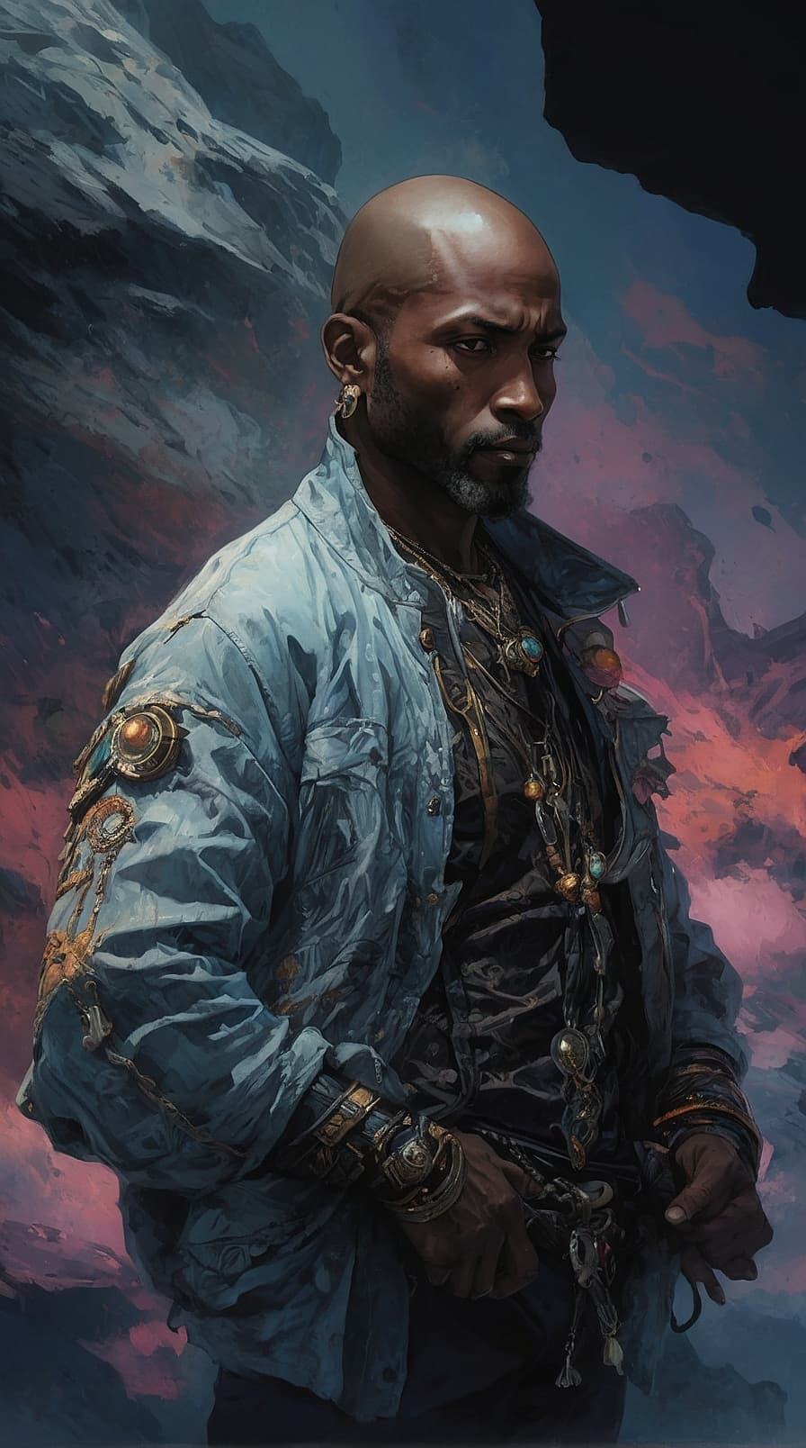 AI generated: Out of the colorful smoke, we see a handsome black man in his 40s , a game character, a kind persona...