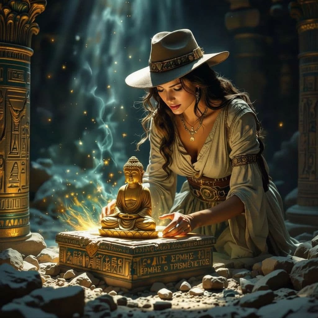 AI generated: A beautiful archaeologist discovering a Buddha statuette in an ancient Greek temple inside an altar ...